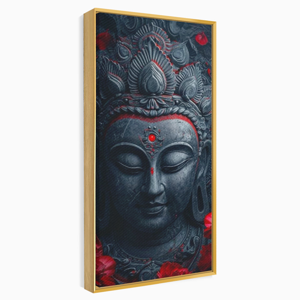 Tablou canvas cu tablou canvas cu capul lui buddha, in rama de aluminiu auriu